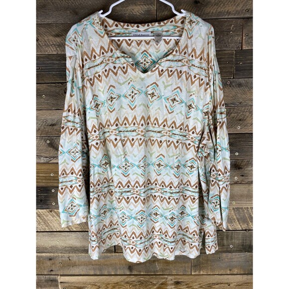 Alfred Dunner Women's Plus Sz 2X Beige Blue Aztec Design 3/4 Sleeve Top - Picture 1 of 14